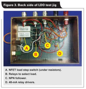  Unterseite der LDO-Prüfvorrichtung
A. NFET-Schalter zum Erzeugen der Laststufen (unter den Widerständen) 
B. Relais zum Auswählen der Last 
C. NPN-Folger
D. 48 mA Relaistreiber (Bild: Texas Instruments Deutschland GmbH)